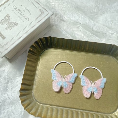 キッズ  刺繍 バタフライ ヘアゴム 2本セット pink