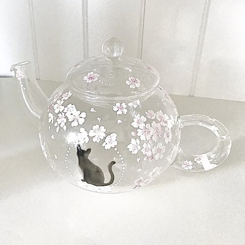 桜猫のかわいいガラスティーポット【受注制作】