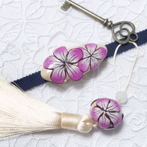 帯留め・帯飾りセット〜花弁ピンク