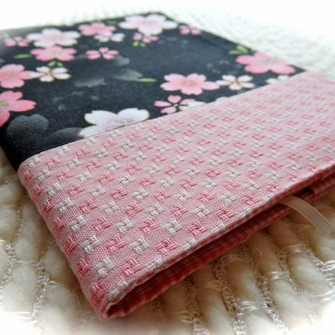 桜とギンガムノートブックカバーとレトロロマンチックノートブック、Pink/black cherry blossom notebook, fabric covered retro notebook
