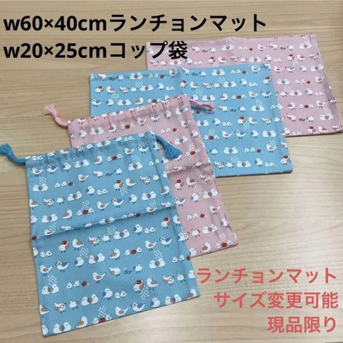 現品限り❗️④【給食セット×2日分】w60×40cm ランチョンマット w20×25cm コップ袋 巾着 水色&ピンク 小鳥柄 ことり コトリ 女の子 小学校 机サイズ