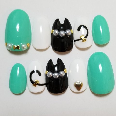 ネコ耳ネイルチップBlack×Mint