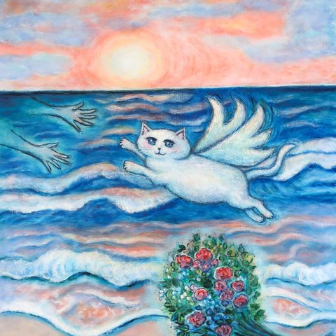 原画「再会の夕暮れ」 F10号  #猫の絵 #天使猫 #海 #夕日 #花束 #白猫 #ねこ #アクリル画 #イラスト #アート #絵画