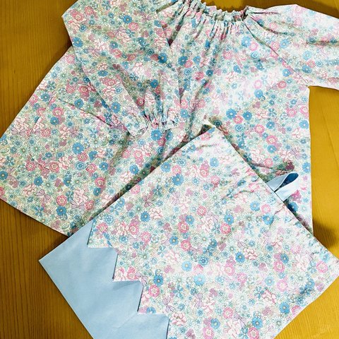 長袖スモック110（お花とリボン）お着替え袋set