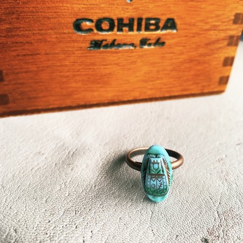 再販【vintage czechglass ring💍】turquoise サイズフリー　銅古美か金古美