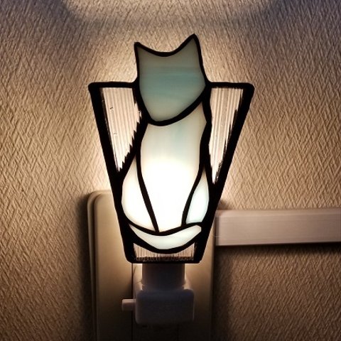 ステンドグラス☆しっぽマフラー猫のおやすみランプ☆水色
