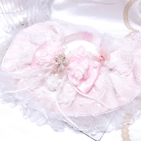 完売♡ケープ首輪【June bride】ブライダルウエディングドレスピンク👗フラワー×リボンレース👗立体ローズ×サイドローズリボン＊ロングタイプ