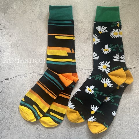 お得な2足セット❤️マーガレットとアシメボーダー柄メンズ靴下♥︎スケーターソックス ポップアート ギフトプレゼントお花柄コスモスフラワー北欧
