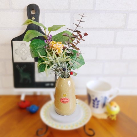 シンプル 北欧 花瓶 フェイクグリーン アレンジ　レモンリーフ【アンティーク 陶器】