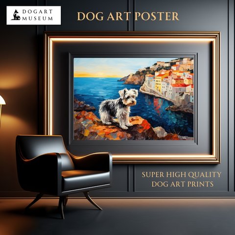 【地中海の海沿いの町 - シュナウザー犬 No.2】A2アートポスター 犬の絵 犬の絵画 犬のイラスト
