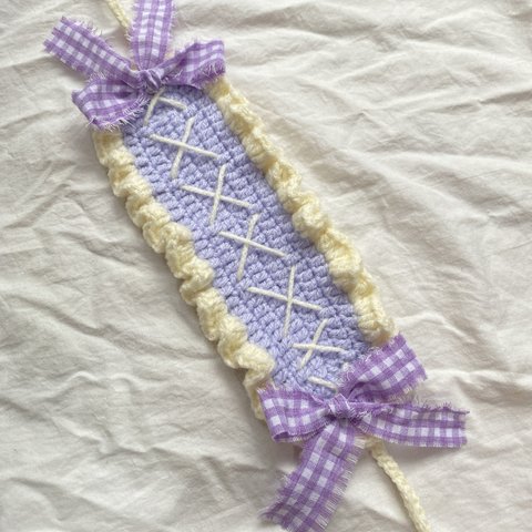 ヘッドドレス　紫　ギンガムチェック　毛糸