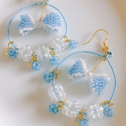 水色リボンピアス.❁⃘.ビーズリボン.❁⃘.ピンキーリング付き