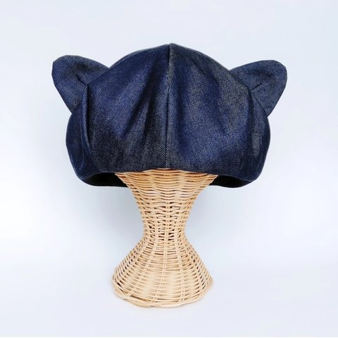 猫耳帽子　デニム　ツーウェイベレー帽　