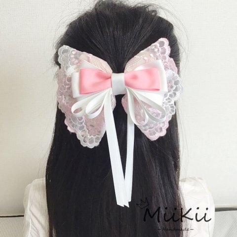 ロリータ　刺繍ゴージャス たらりんリボン🎀　ピンク+ホワイト