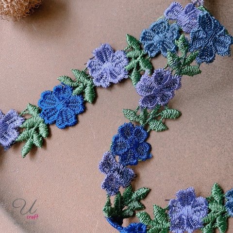 345【ブレード/50cm】フラワー刺繍/パープル×グレー×ネイビー