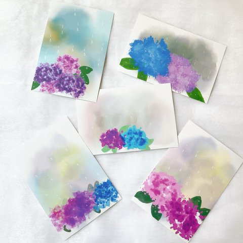 ②雨と紫陽花　5枚セット　ポストカード　かわいい　お花　梅雨　季節　おしゃれ　イラスト