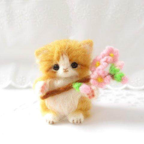 送料無料🌸もふもふ子猫ちゃん４と桜💗🍀羊毛フェルト　猫　茶トラ　春