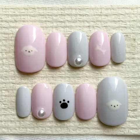 いぬ ♡ ピンク×グレー ネイルチップ トイプードル