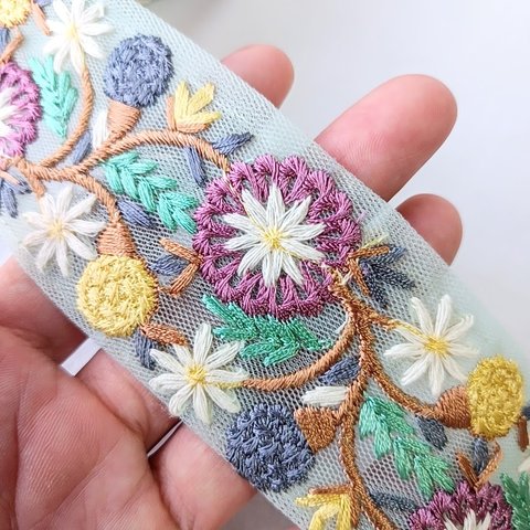 【50cm】【45mm幅】【ミント】インド刺繍リボン　フラワー　ポップカラー　　フリンジリボン　テープ　手芸　R056-2