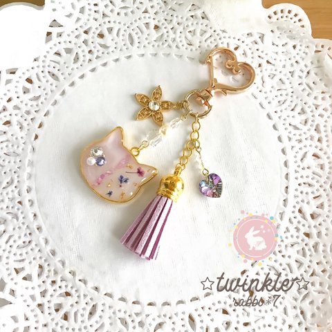 Flower cat  タッセルキーホルダー・パープル(イニシャル入り)  □11-pu□