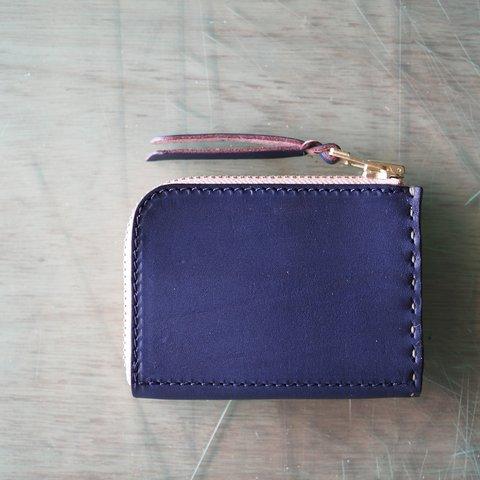 L字ファスナーの小型財布　ネイビー/紺糸/カーキ