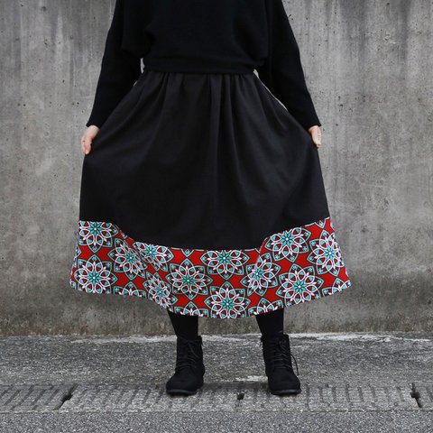 アフリカ布カンガのスカート（カンガ × ビエラ）秋冬スカート 