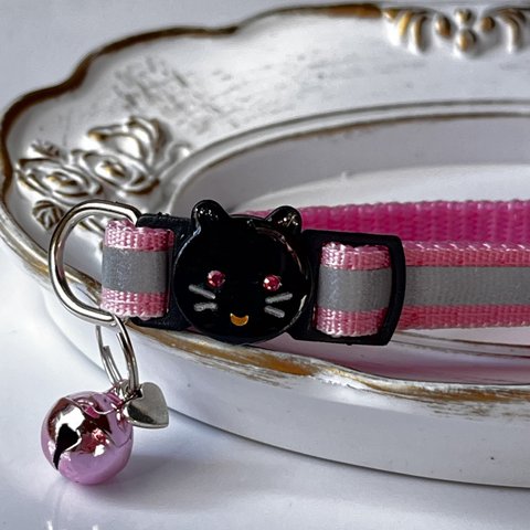 猫の首輪　ピンク色　反射テープ　鈴付き　セーフティバックル