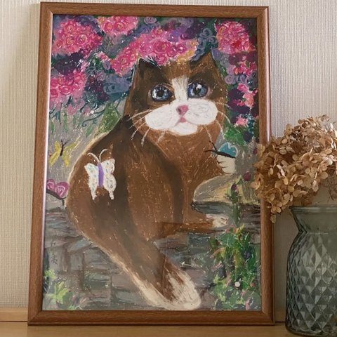 絵画 。壁掛け絵油絵原画手描き【壁で蝶を捕まえた猫ちゃん】