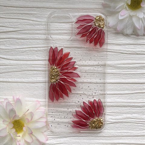 《iPhone全機種対応》透き通る赤い大きなお花のiPhoneケース(スマホケース)〈花柄〉クリアケース