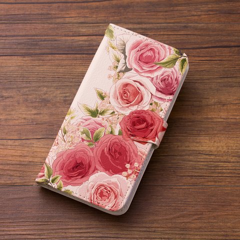 ローズガーデンピンクの スマホケース 手帳型 アンドロイド iPhone XPERIA GALAXY AQUOS ケース 全機種対応 花柄