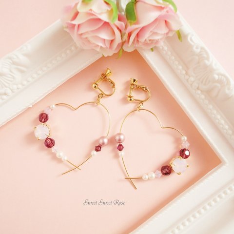 【再販】Heart hoop ～Swarovski Purple～　イヤリング/ピアス/ハート/フープ/スワロフスキー/パール/大ぶり