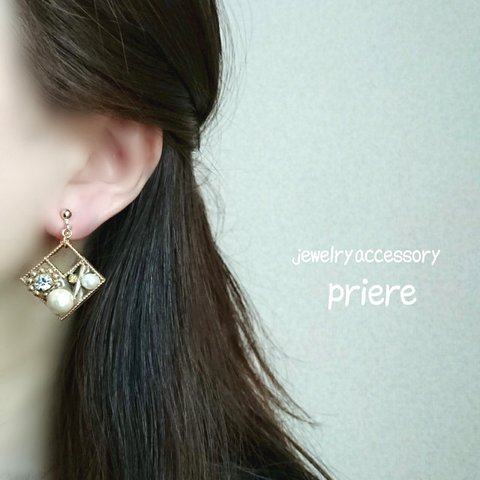 ＊スクエアクリアビジュー＊コットンパール(ピアス、イヤリング、チタンピアス)