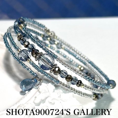 ［再販3］手染めビーズ　vol7♡  tomo コラボ  BLUE  GRAY  3連　ワイヤー　ブレスレッド　#minne_new #ブルー #ブルーグレー