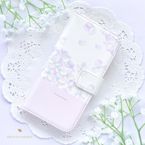 紫陽花柄ペールパープル　手帳型スマホケース iPhone Android アンドロイド 全機種対応 花柄 バイカラー