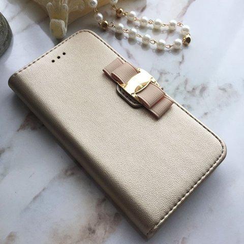 レザー調手帳型スマホケース☆リボンモチーフ☆Phonoeケース☆スマホカバー☆シャンパンゴールド