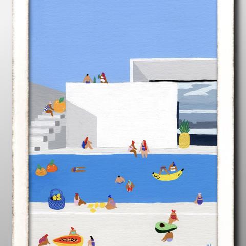 13882　■　A3　アートポスター『夏　プール　サマー　ハワイ』絵画　イラスト　デザイン　マット　北欧