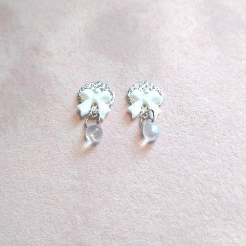 リボンとパール ゆれる ピアス＆イヤリング #樹脂ピアス #樹脂ノンホールピアス #ステンレスピアス