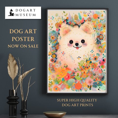 【花とポメラニアン犬の夢の世界 No.2】アートポスター 犬の絵 犬の絵画 犬のイラスト