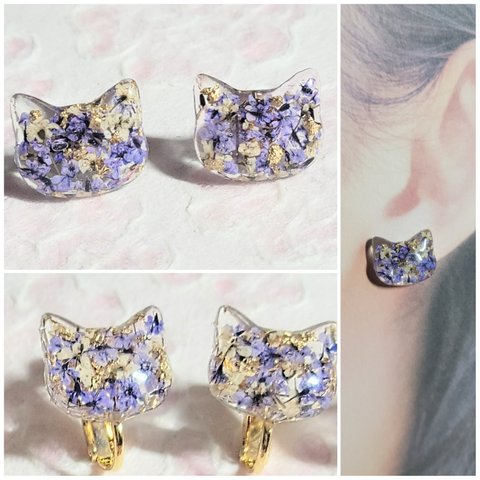 151　猫とお花　春色ピアス　イヤリング　ステンレス　レジン