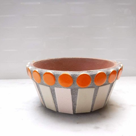 オレンジラインとカラフルなモザイクタイル張り植木鉢（T-023）