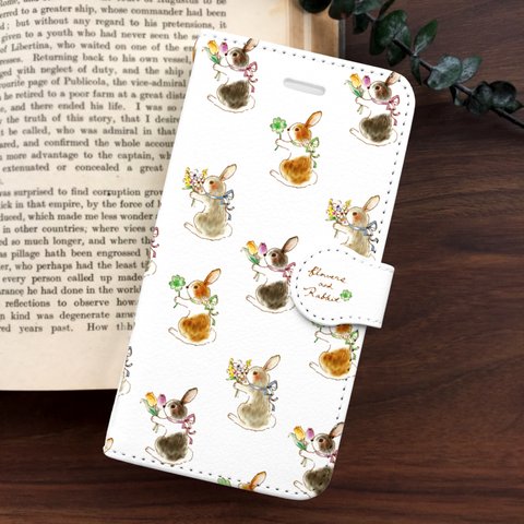 Rabbit手帳型スマホケース（iPhone/Android全機種対応）うさぎと花と植物