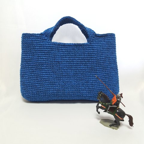 手編みバッグ　蒼糸２色をミックスしたモザイク模様の手提げバッグ☆