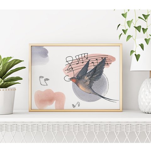 ツバメのポスター　/ i1344 / 花や音符の水彩画の背景につばめが飛ぶ様子　インテリアポスター