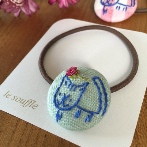 リボン刺繍のヘアゴム ネコ グリーン