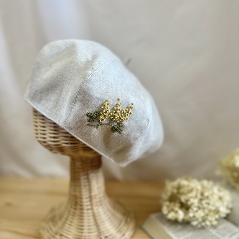 【キッズ】フレンチリネンミモザ刺繍 ベレー　帽子　春夏・秋　サマーベレー　帽子　リンクコーデおそろい可サイズオーダー　