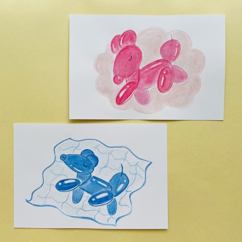 バルーンアートでできたワンちゃんのポストカードセット　【ピンク青　おやすみ】
