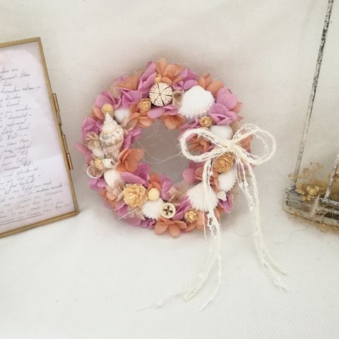 ピンク紫陽花と貝殻のサマーリース☆　　