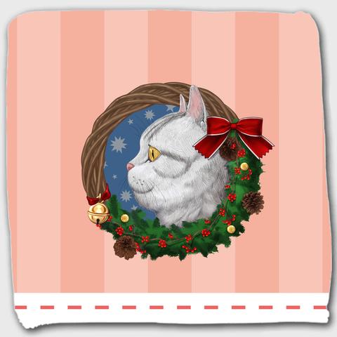 クリスマスリースと猫　ピンクストライプ　ハンカチ