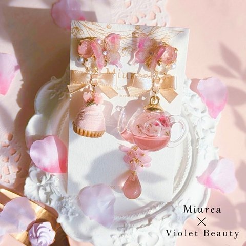 【4/20 20時～再販】Violet Beauty×Miureaコラボ🦋.*˚はかない夢の胡蝶《ふんわりさくら日和のティータイム🌸耳飾り》(イヤリング・ピアス可)