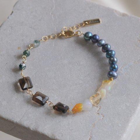 Opal bracelet：天然石オパールブレスレット 淡水ネイビーパール×スモーキークォーツ×モスアゲート